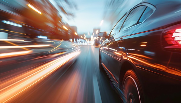 Close-up view of a car speeding through a city at night with motion blur and streaks of light, symbolizing the dangers of impaired or reckless driving.