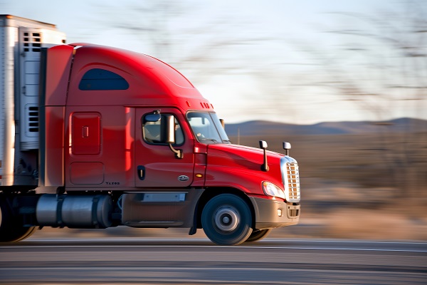 Side view of a red semi-truck driving at high speed on a highway, with blurred background indicating motion.