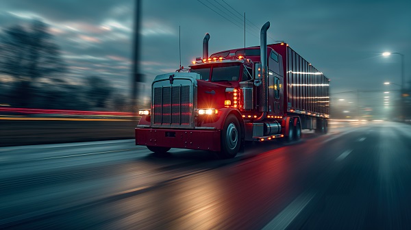 A red tractor-trailer speeding on a sick highway.